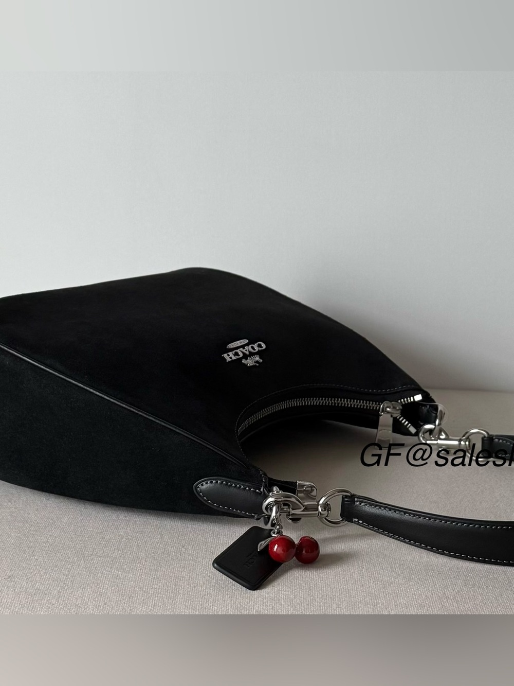 NWT Coach Teri Hobo Shoulder Bag Black Suede Silver Hardware Cherry Charm CCZ88 - Picture 8 of 15